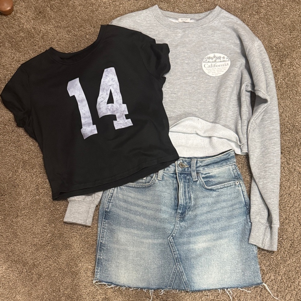 Black and Gray shirts with SO Goods For Hips denim skirt set EUC